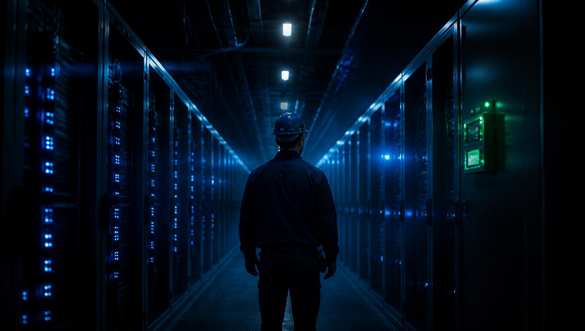 Electrician standing in the cold blue-lit aisle of a hyperscale data centre