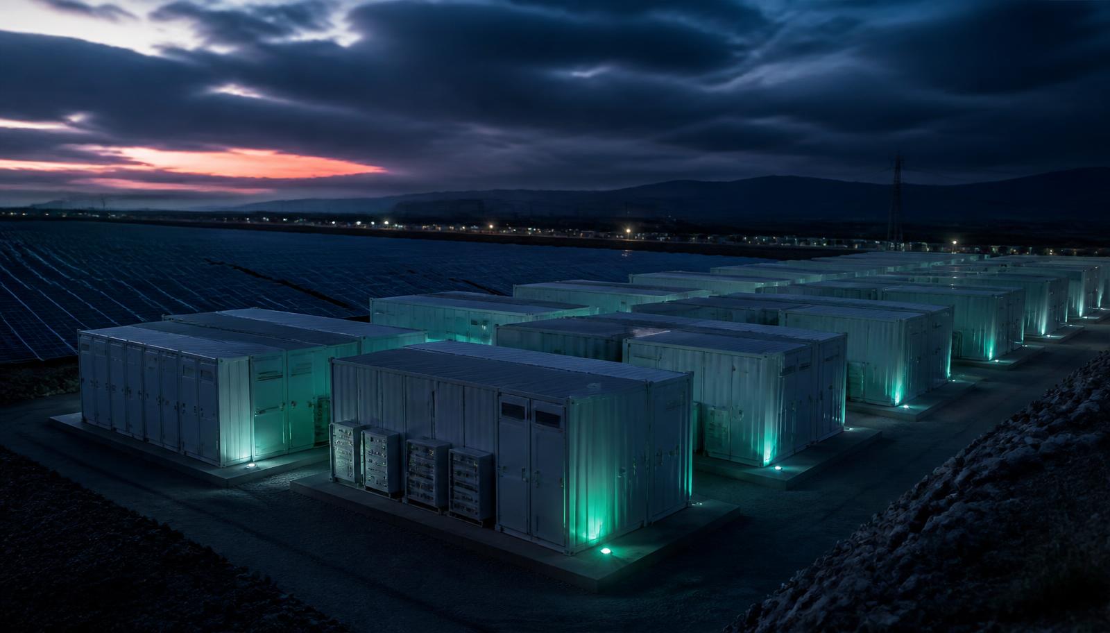 Grid-scale battery storage containers beside solar arrays at twilight