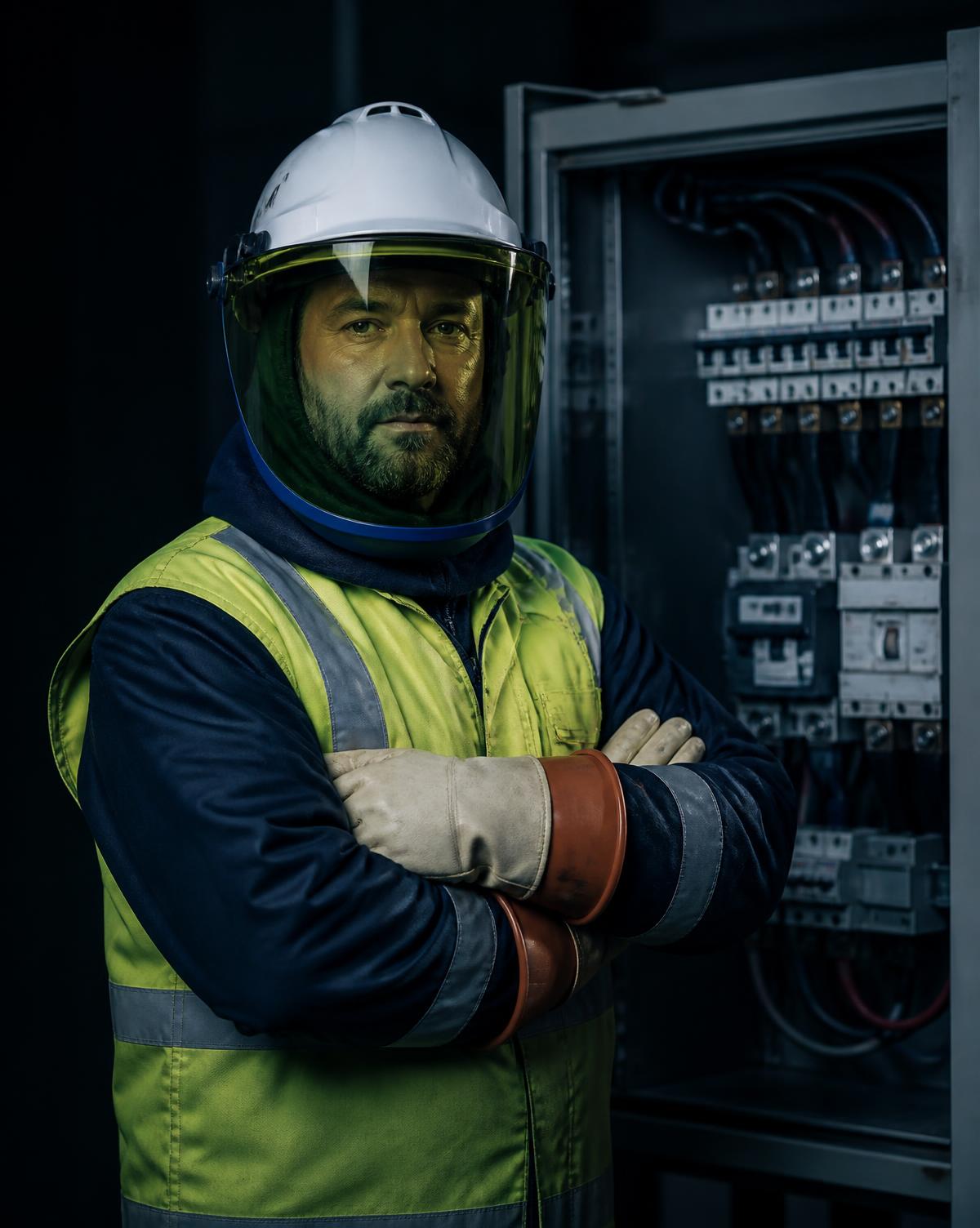 Licensed electrician in arc-flash PPE in front of an open switchboard