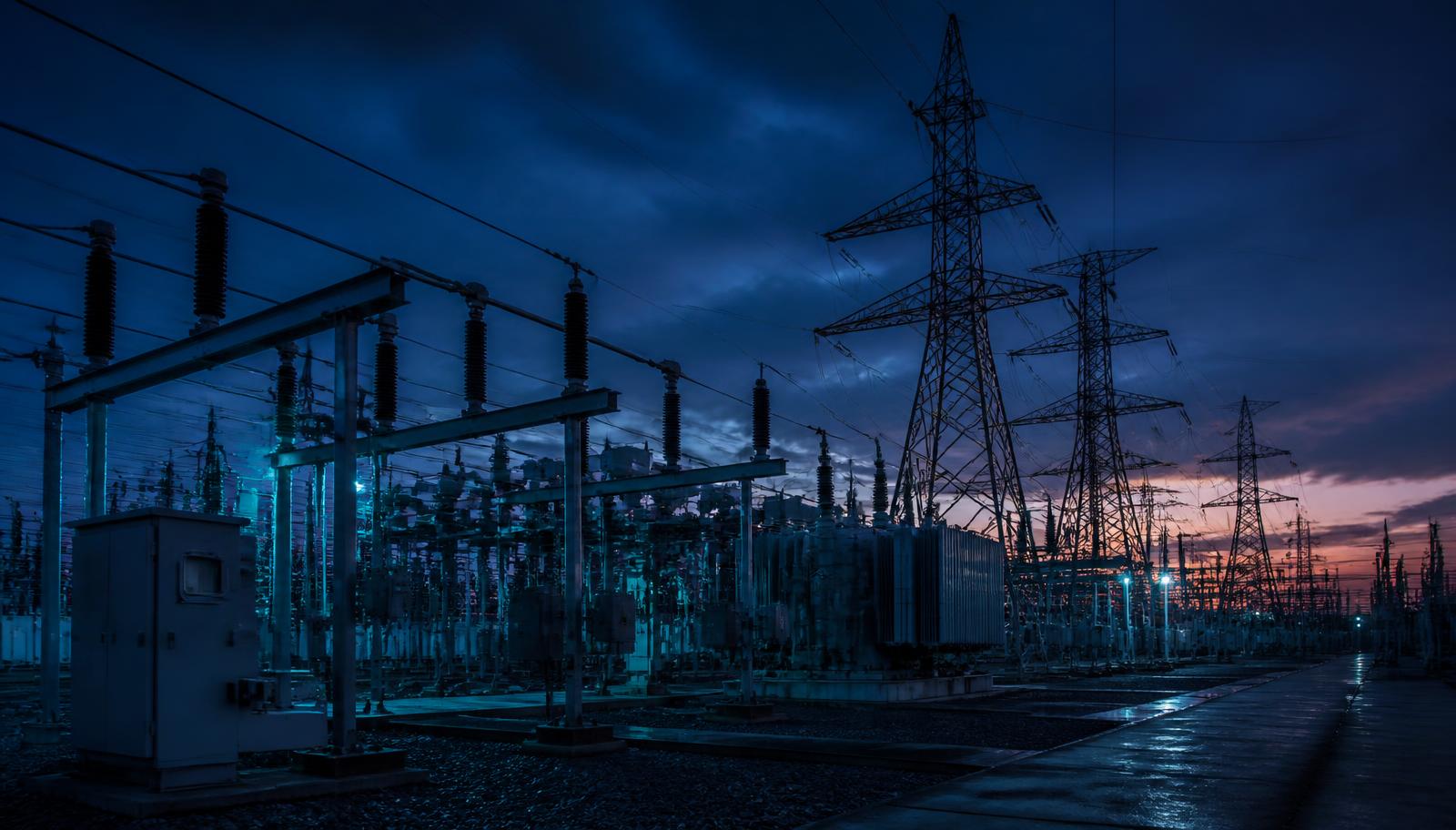 High voltage substation and transmission towers at dusk